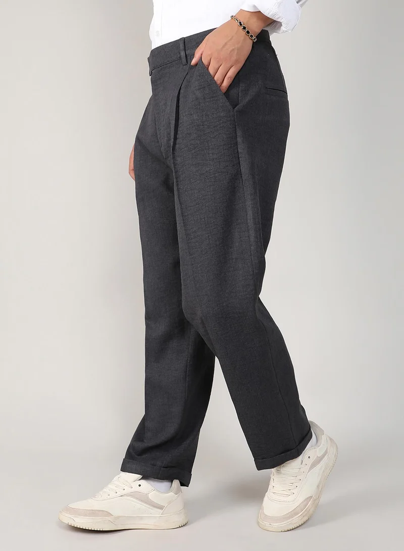 Campus Sutra  Men's Charcoal Black Tailored Linen-Blend Trousers For Casual Wear | Tailored Fit | 4 Pockets | Hook Closure | Trousers Crafted With Comfort Fit For Everyday Wear for Men | Best Price UAE